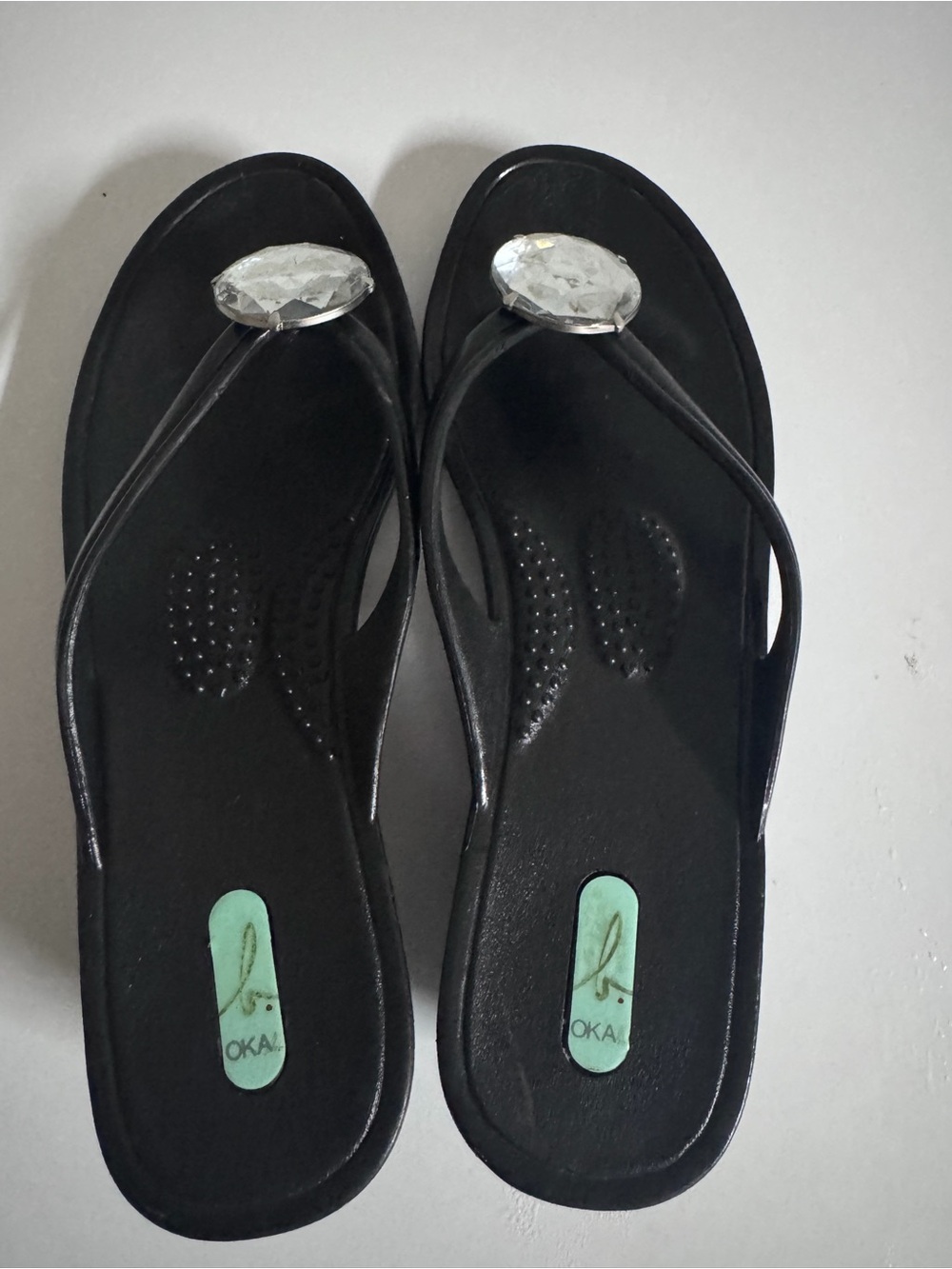 OKA b. Black Thong Sandals with Clear Jewel Accent